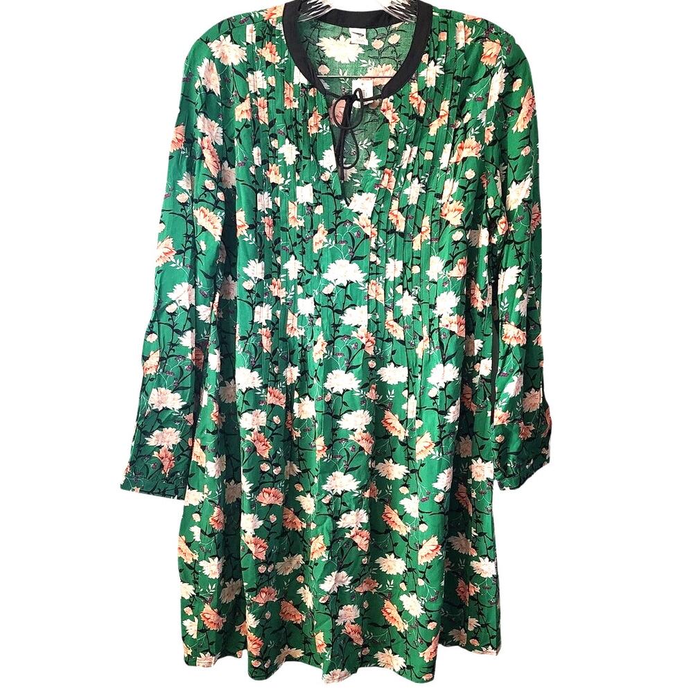 Old Navy Green Floral Ruched Tie Front Mini Long Sleeve Peasant Dress Size Small
